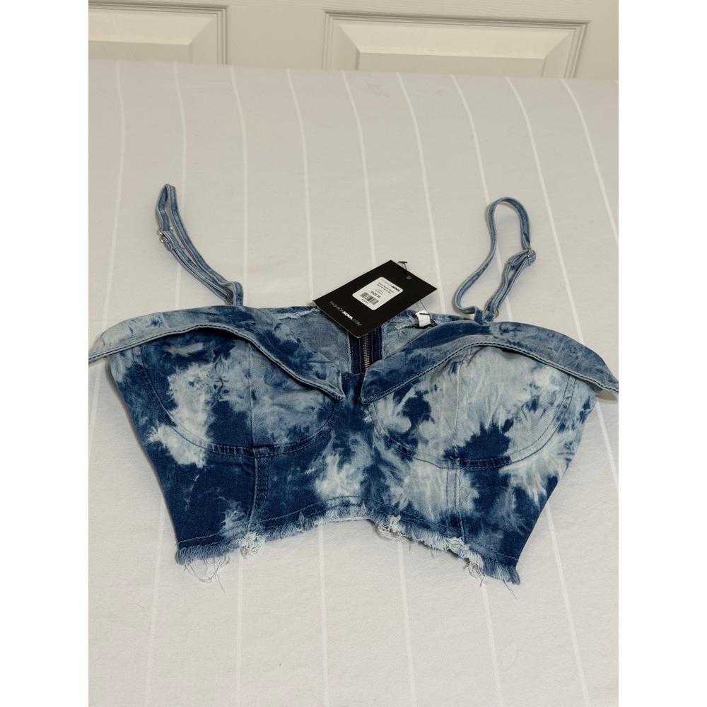 Fashion Nova Want Some More Denim Bustier Crop Top Blue Tie Dye Acid Wash Medium
